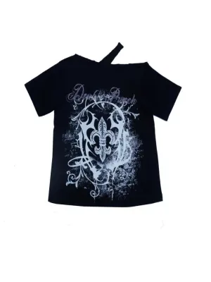 Black Gothic Print T-Shirt – Off-Shoulder Y2K Grunge Tee From Kawaii Stop