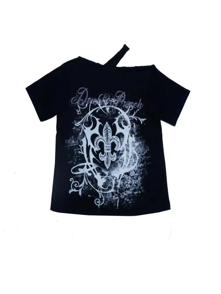 Black Gothic Print T-Shirt – Off-Shoulder Y2K Grunge Tee From Kawaii Stop