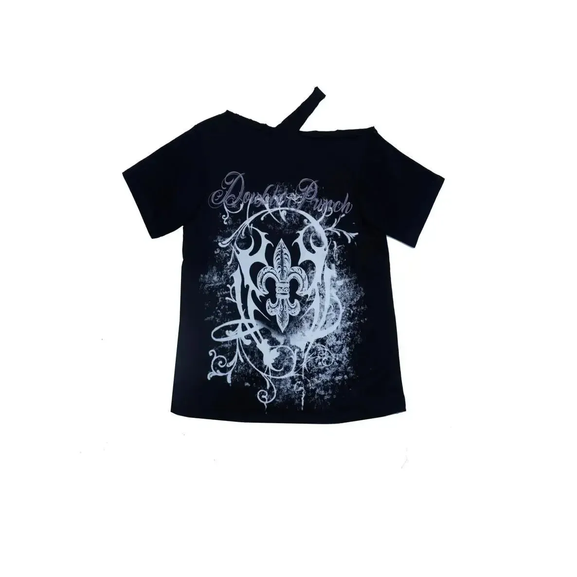 Black Gothic Print T-Shirt – Off-Shoulder Y2K Grunge Tee From Kawaii Stop