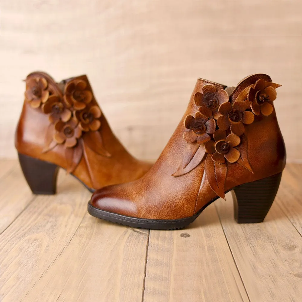 Comfy Vintage Handmade Floral Ankle Leather Boots