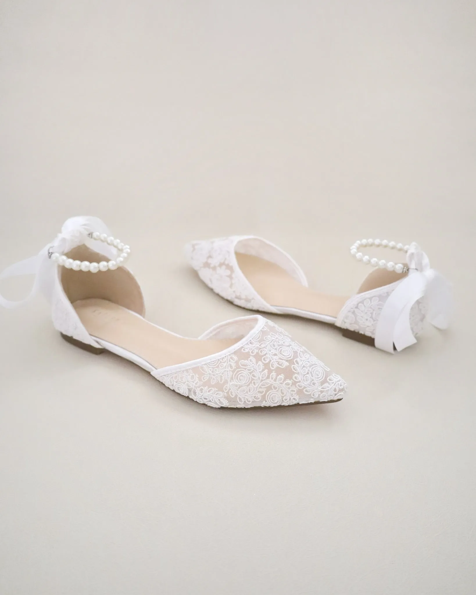 Crochet Lace Pointy Toe with All Pearls Ankle Strap