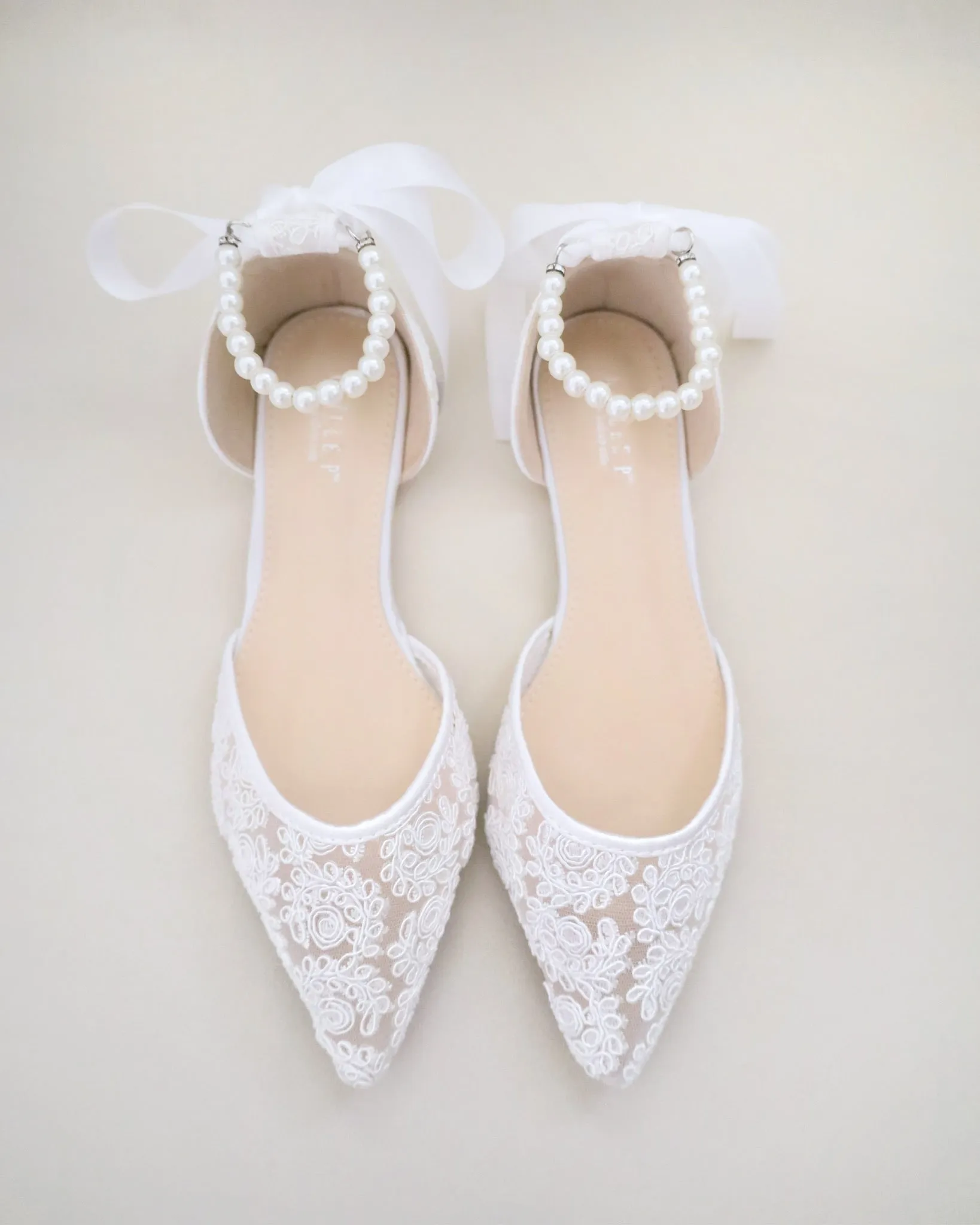 Crochet Lace Pointy Toe with All Pearls Ankle Strap
