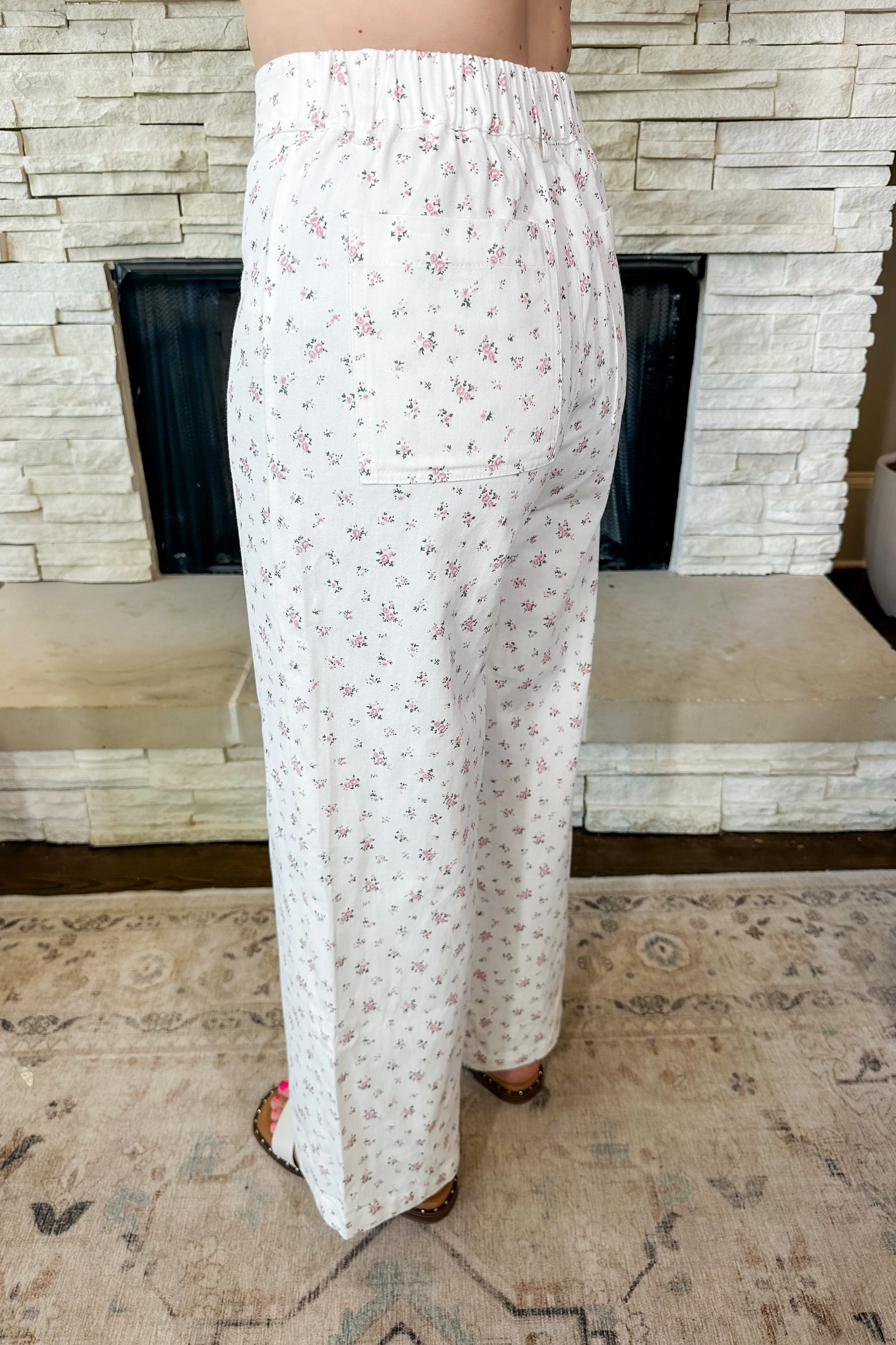 Floral Printed White Wide Leg Jeans in Pink