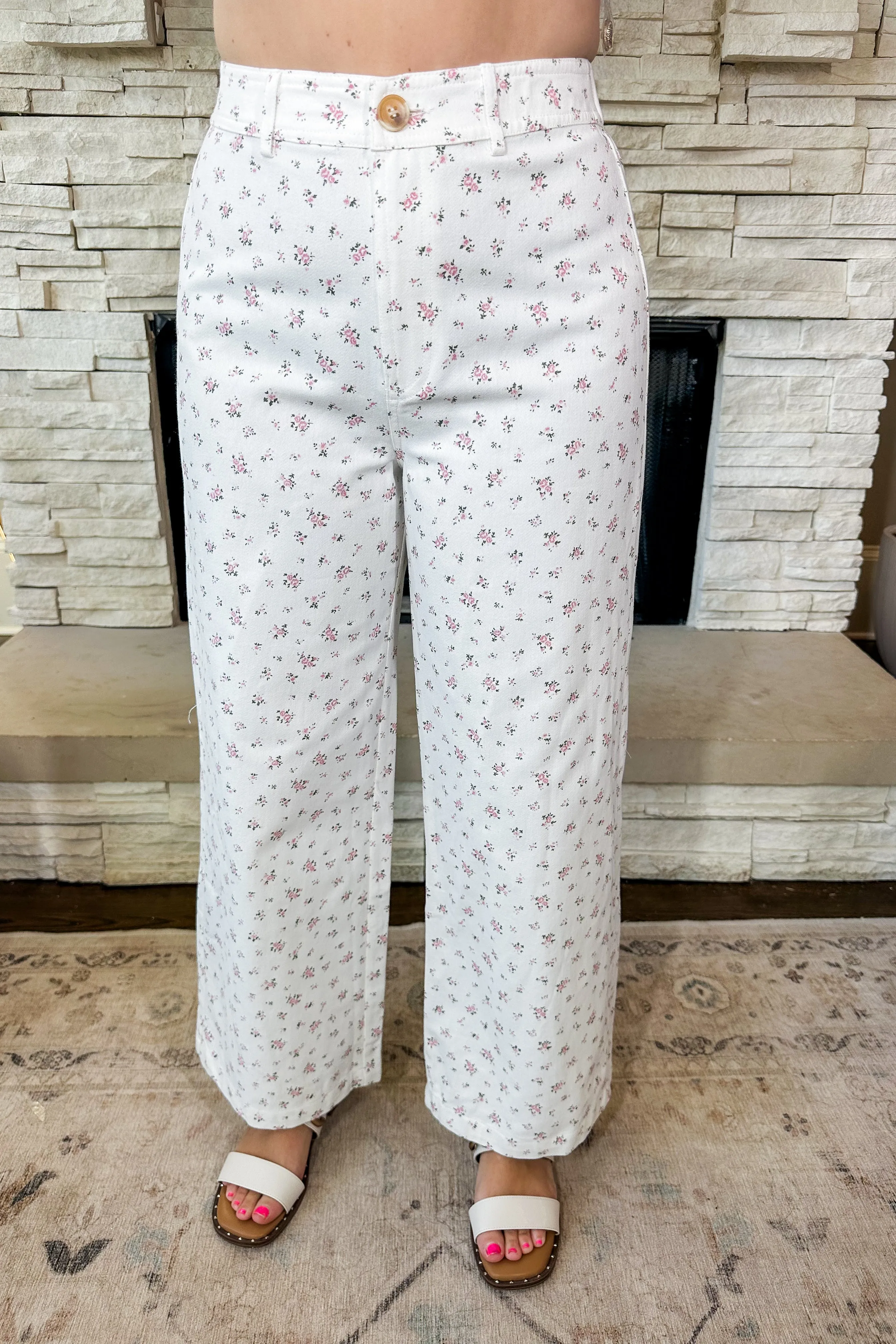Floral Printed White Wide Leg Jeans in Pink