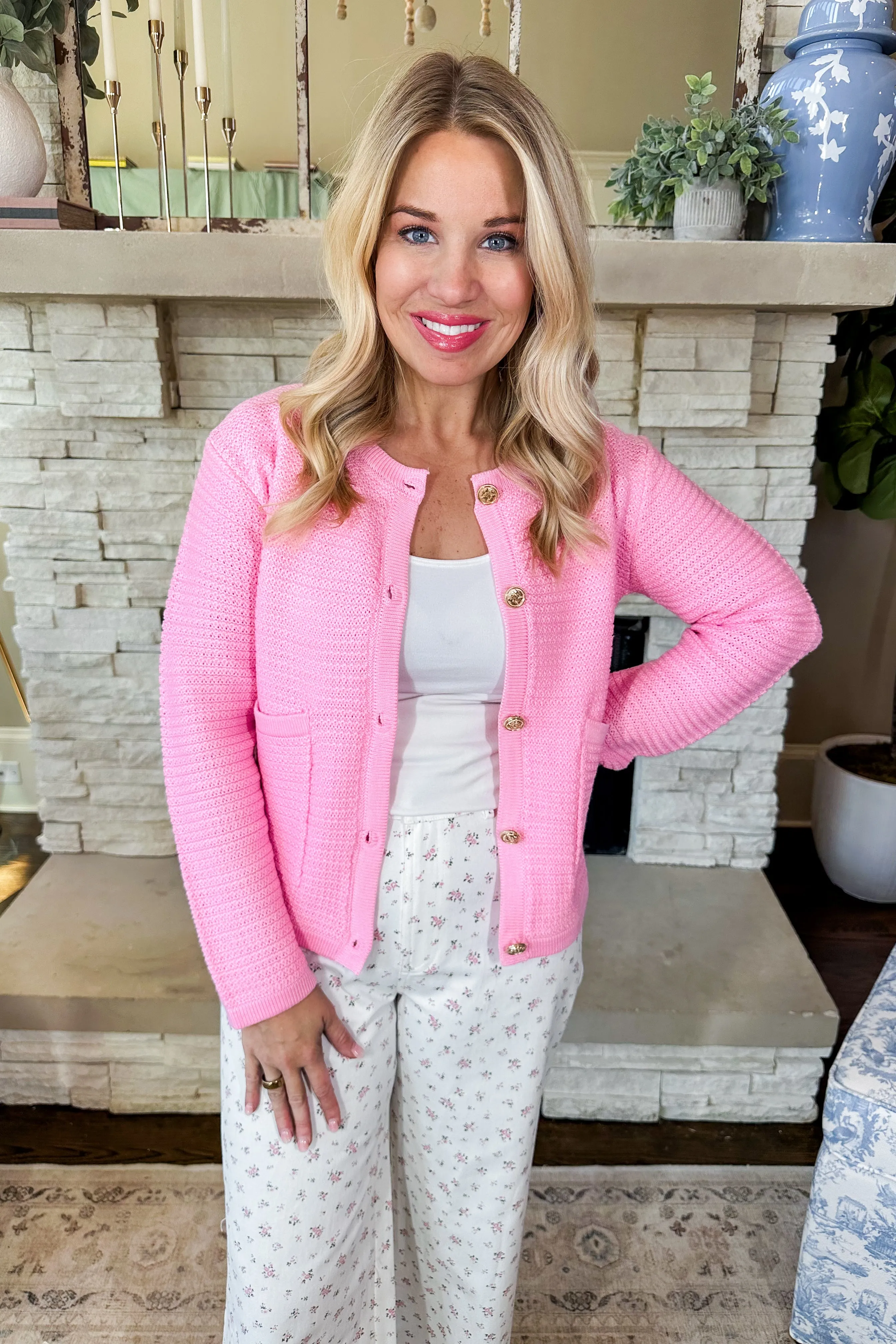 Floral Printed White Wide Leg Jeans in Pink