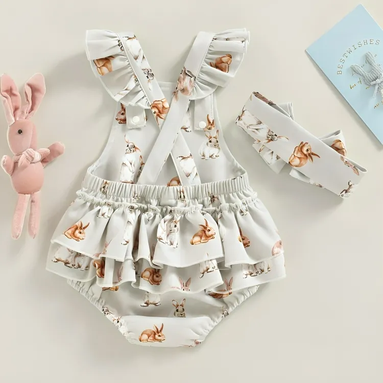 Fly Sleeve Bunny Print Baby Romper