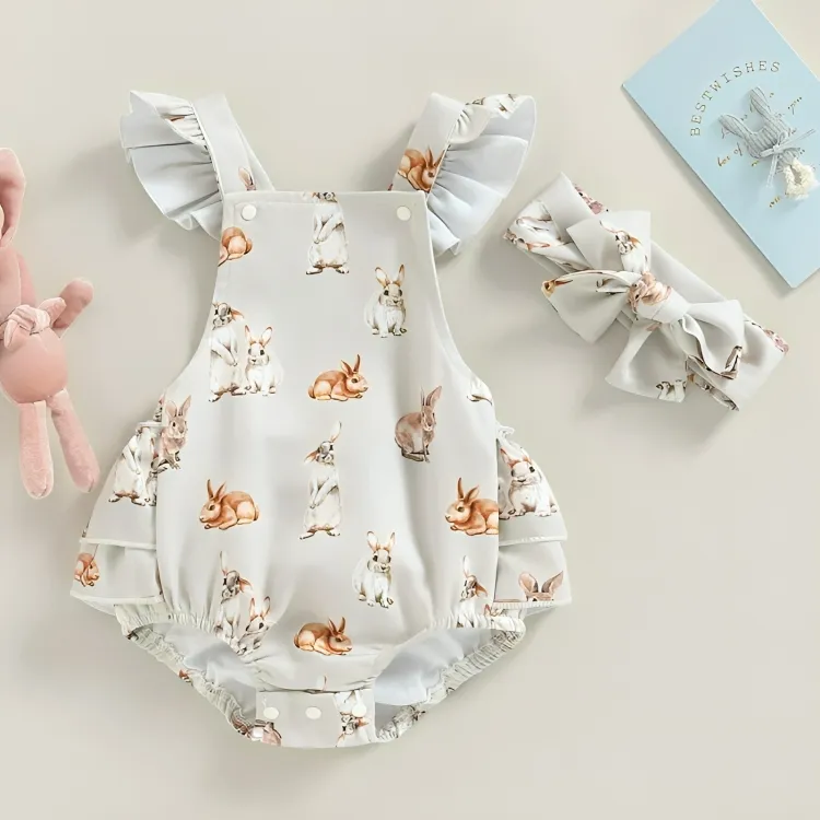 Fly Sleeve Bunny Print Baby Romper