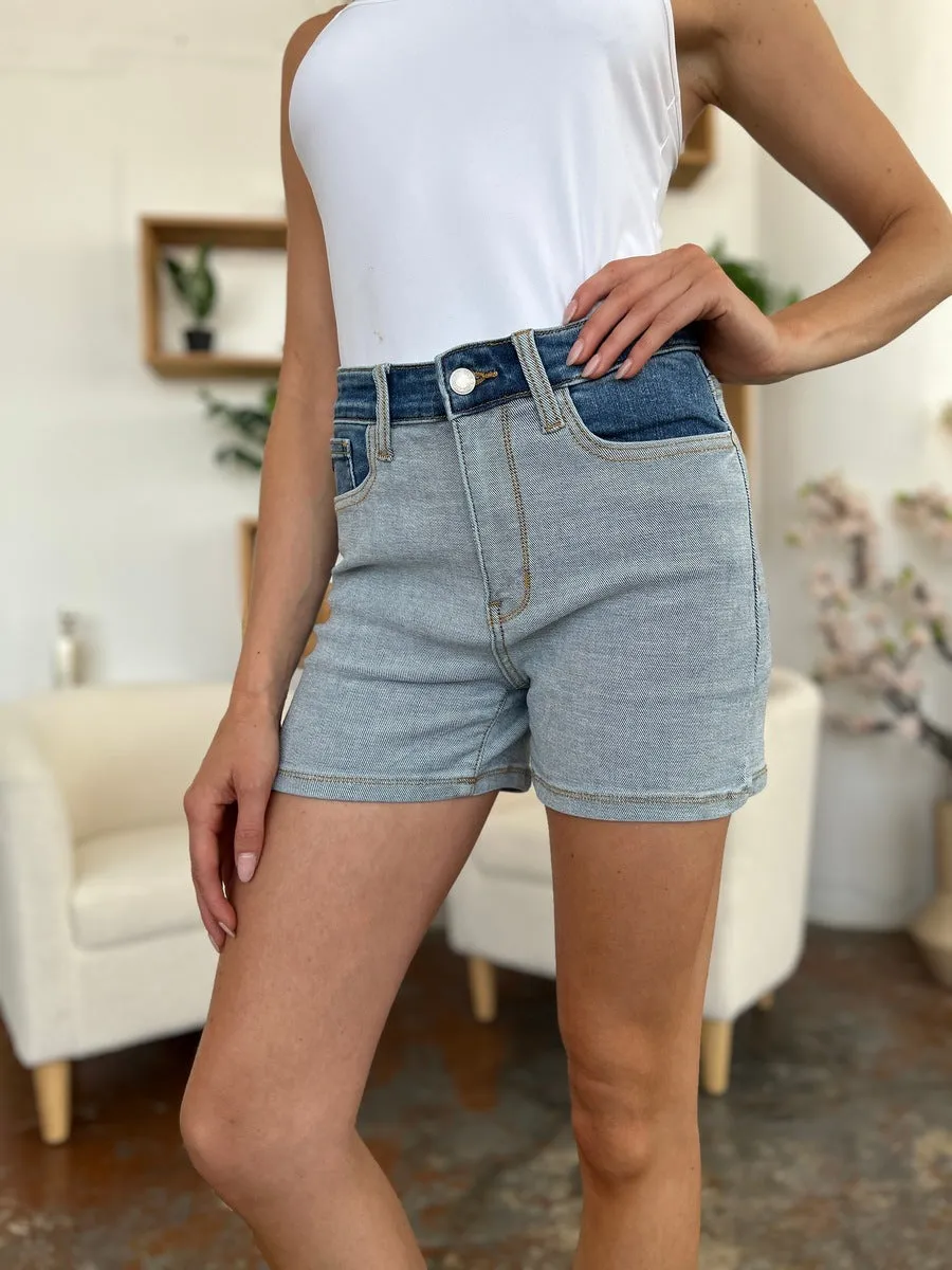 Full Size Color Block Denim Shorts