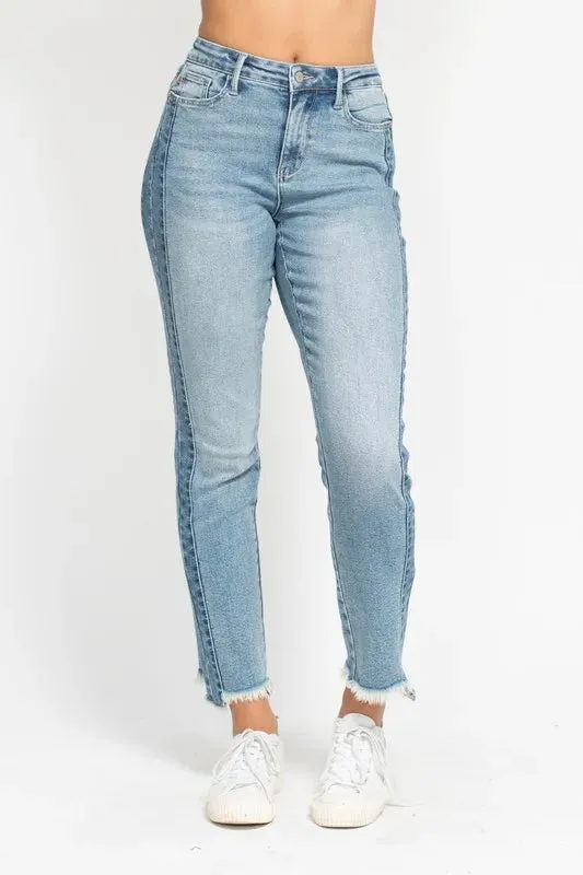 Judy Blue Full Size Vintage Wash Side Panel Detail with Fray Hem Slim Plus Size