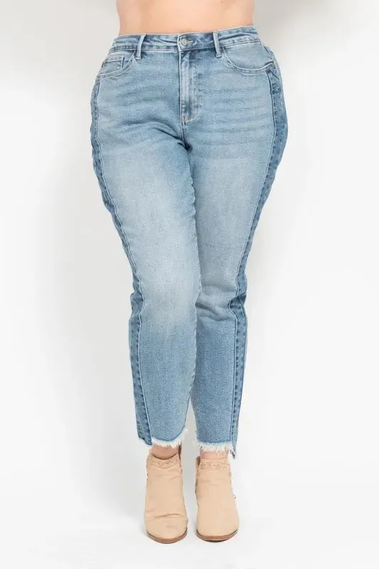 Judy Blue Full Size Vintage Wash Side Panel Detail with Fray Hem Slim Plus Size