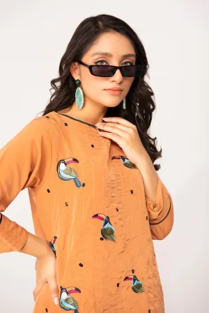 Parrot print & Embroidered Women Ready To Wear High Casual Shirt Dress