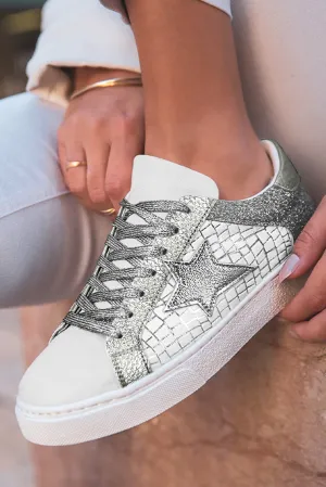 Silvery Glitter Star Patchwork PU Leather Lace-up Sneakers