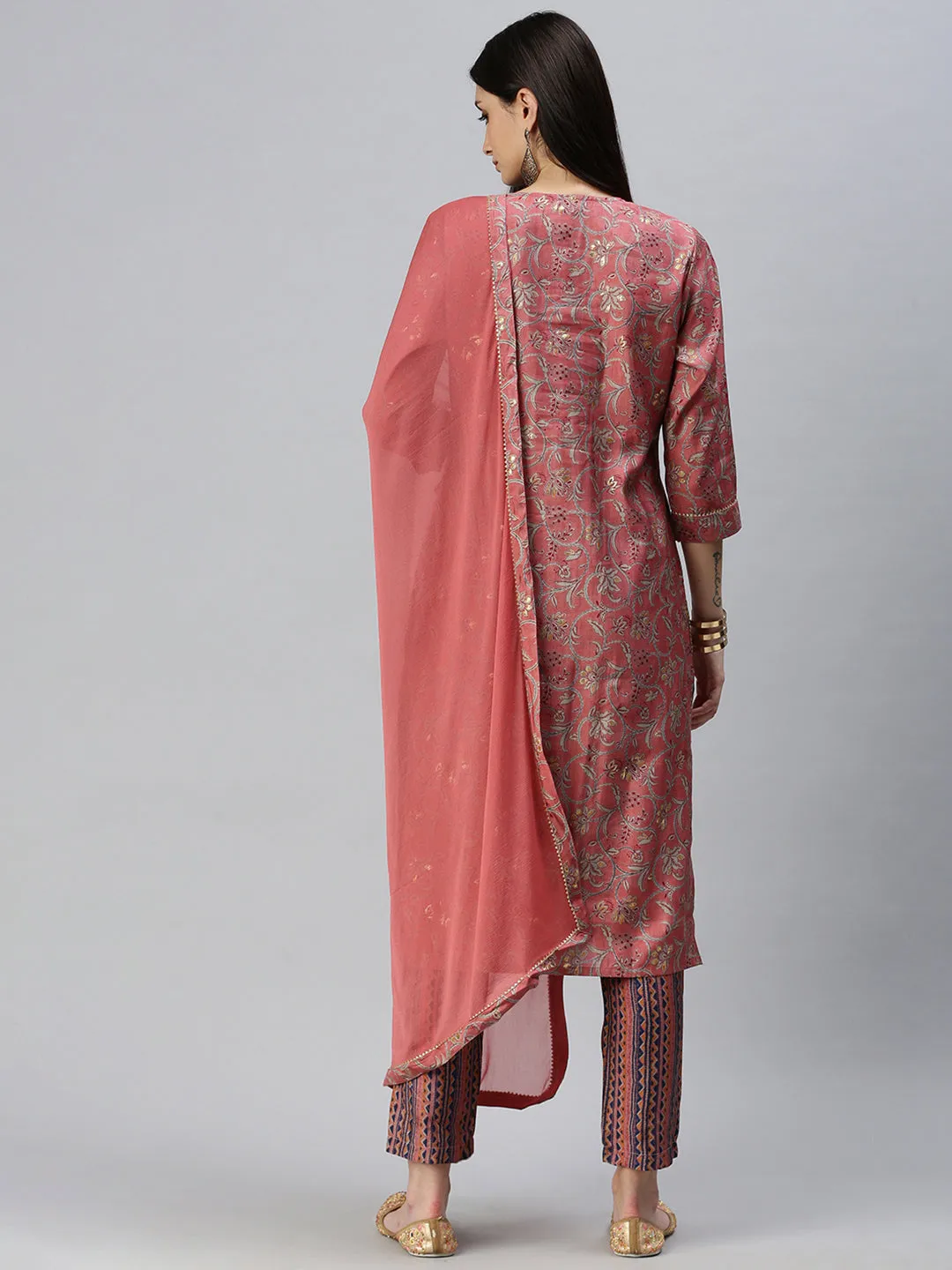 Women Straight Peach Printed Kurta and Trousers Comes with Dupatta