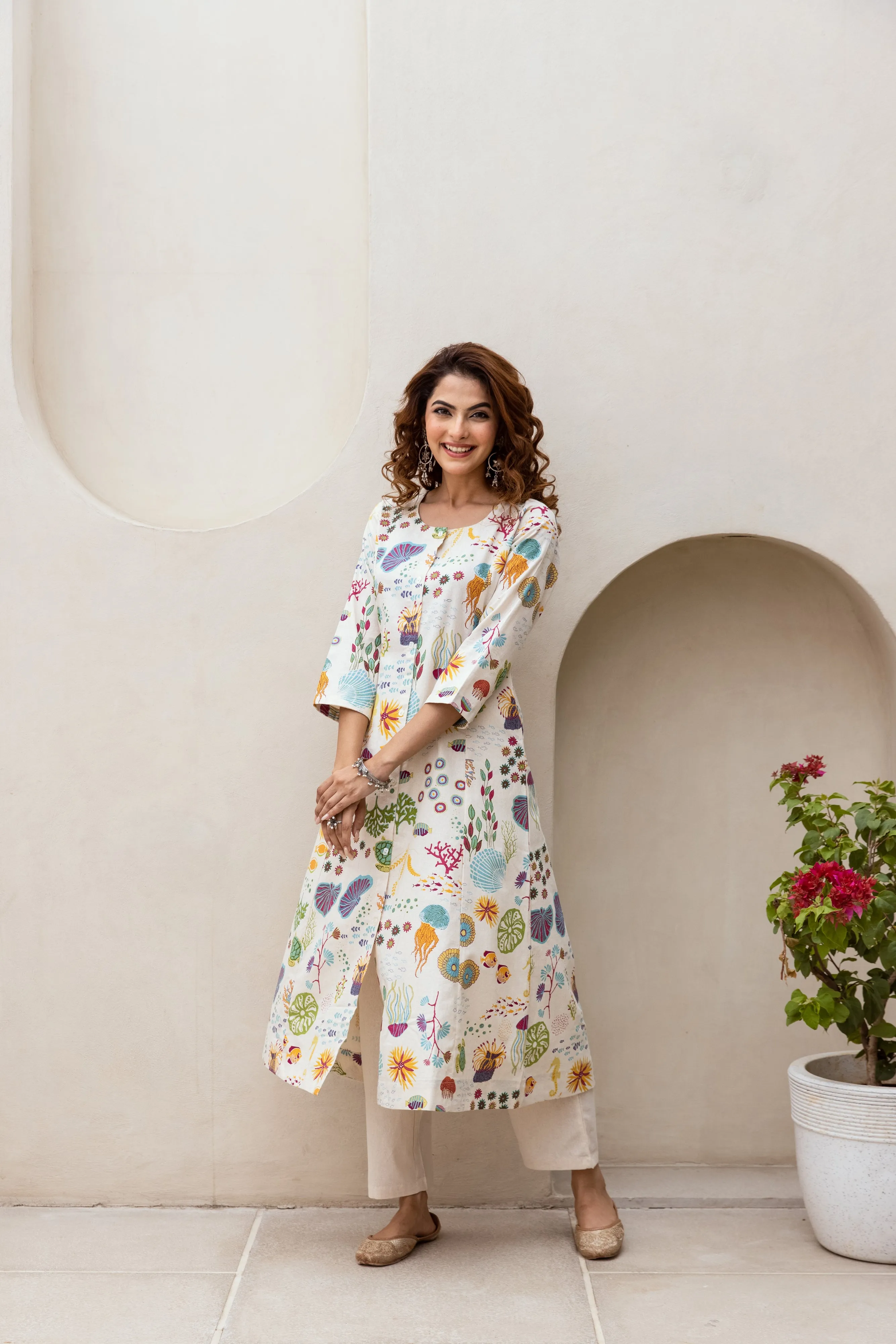 Women's Beige Cotton Flex Kurta Pant Set