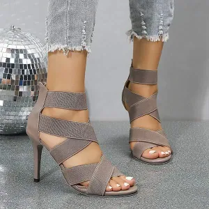 Women's High Heel Sandals with Slim Heel and Back Zipper Closure 13716199C