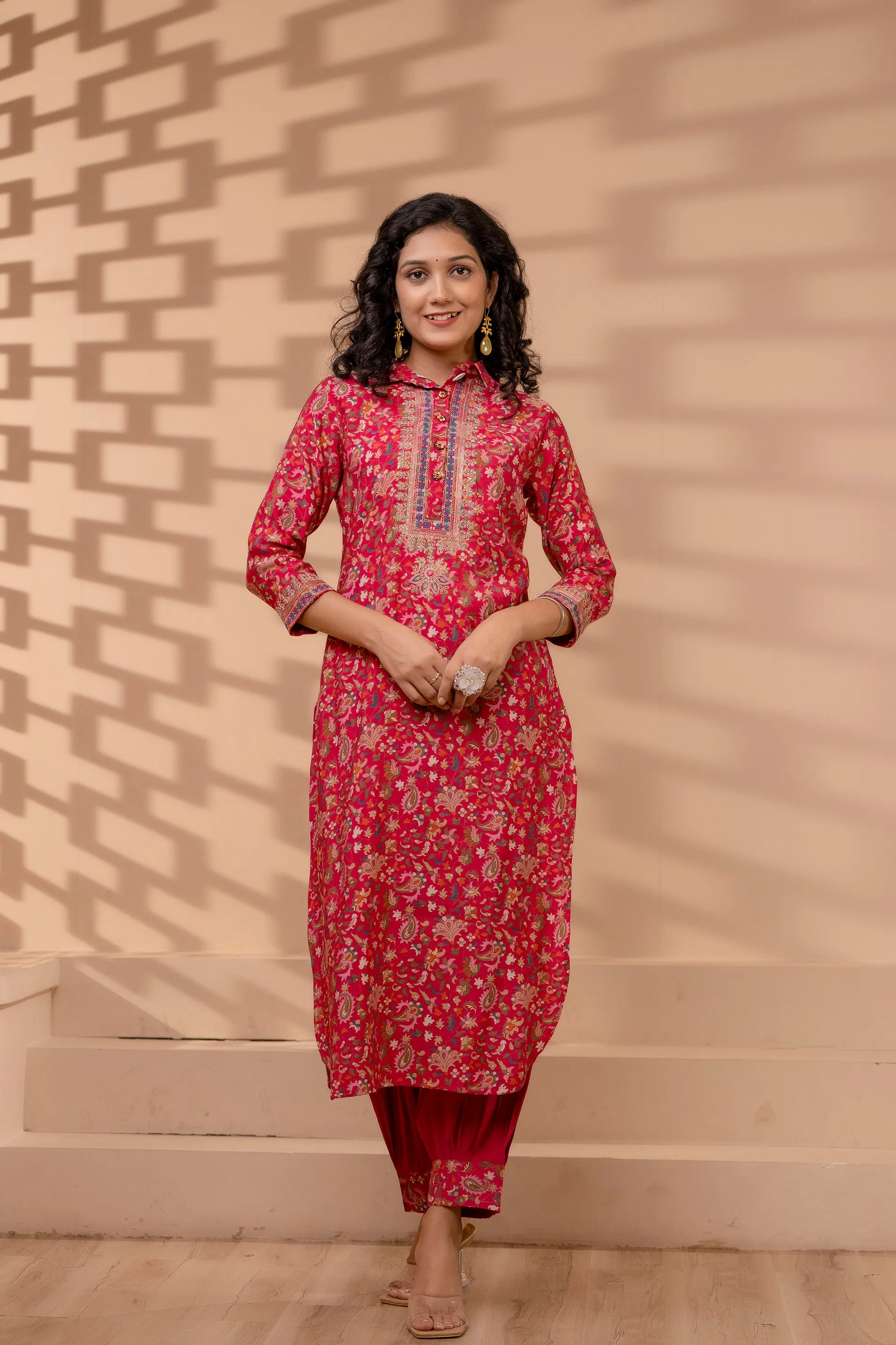 Women's Muslin Pink Straight Kurta & Afghani Salwar Set