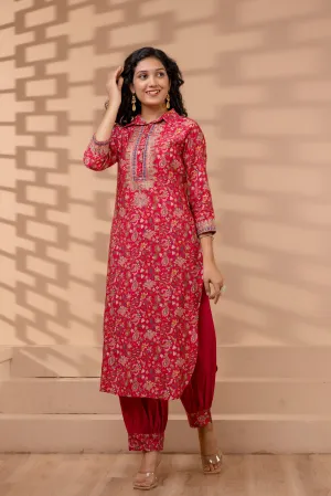 Women's Muslin Pink Straight Kurta & Afghani Salwar Set