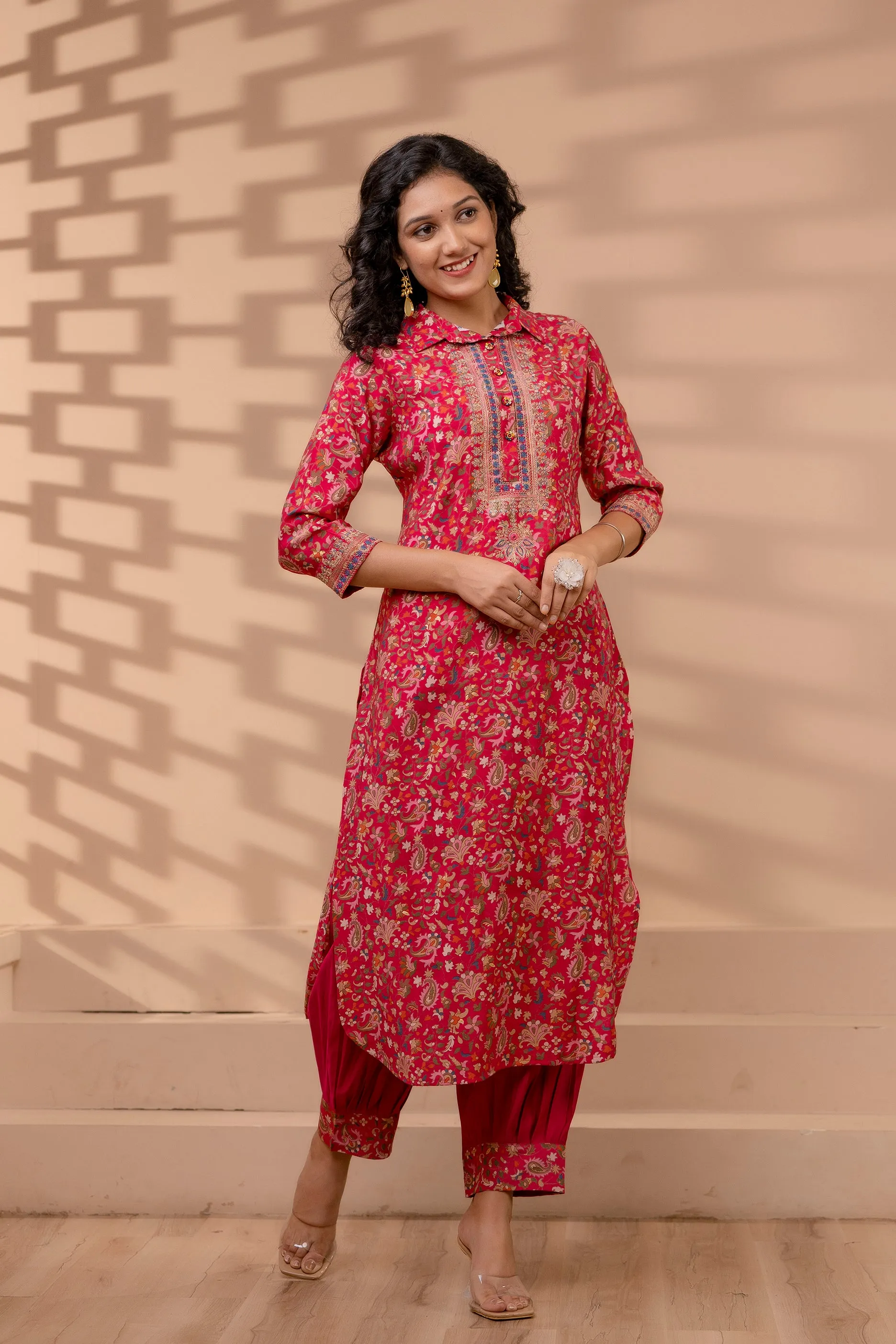 Women's Muslin Pink Straight Kurta & Afghani Salwar Set