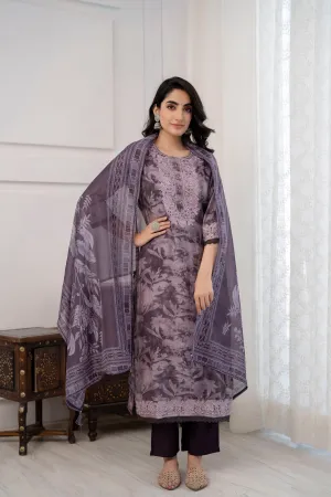Women's Purple Straight Kurta Pant & Dupatta Set