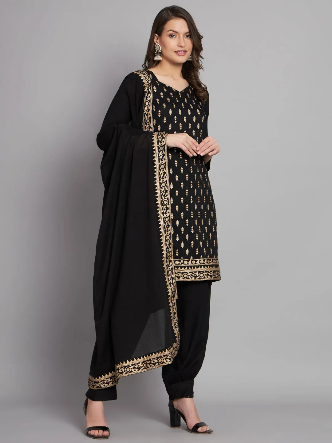 Women's Rayon Black Straight Kurta Afgani Salwar with Dupatta