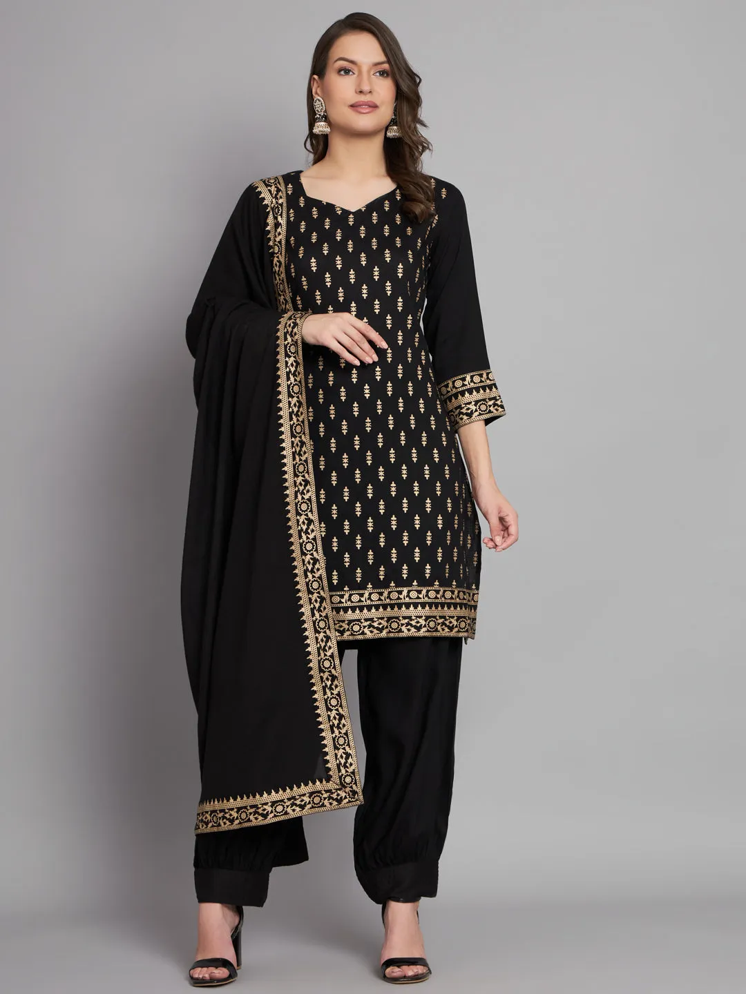 Women's Rayon Black Straight Kurta Afgani Salwar with Dupatta