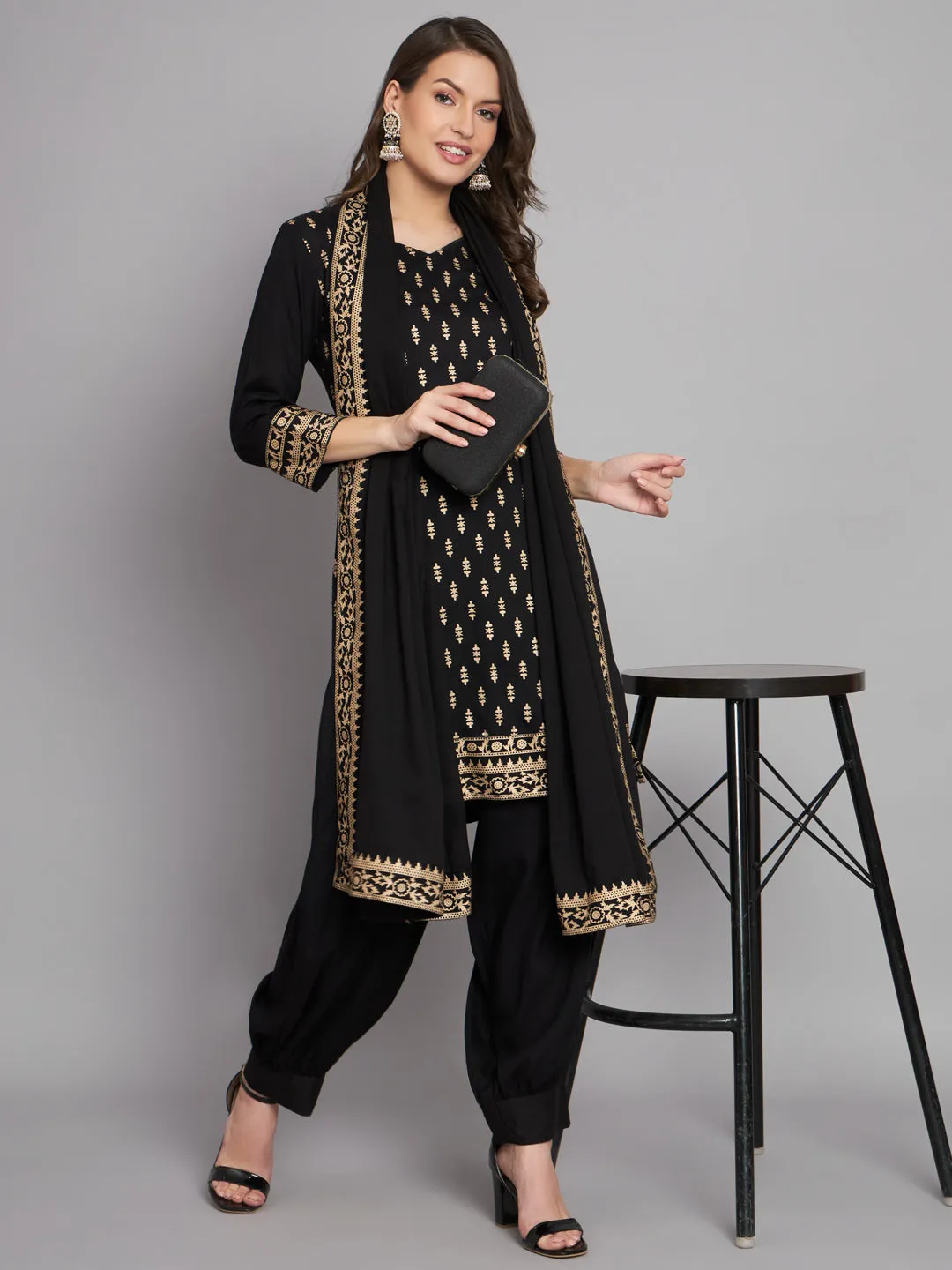 Women's Rayon Black Straight Kurta Afgani Salwar with Dupatta