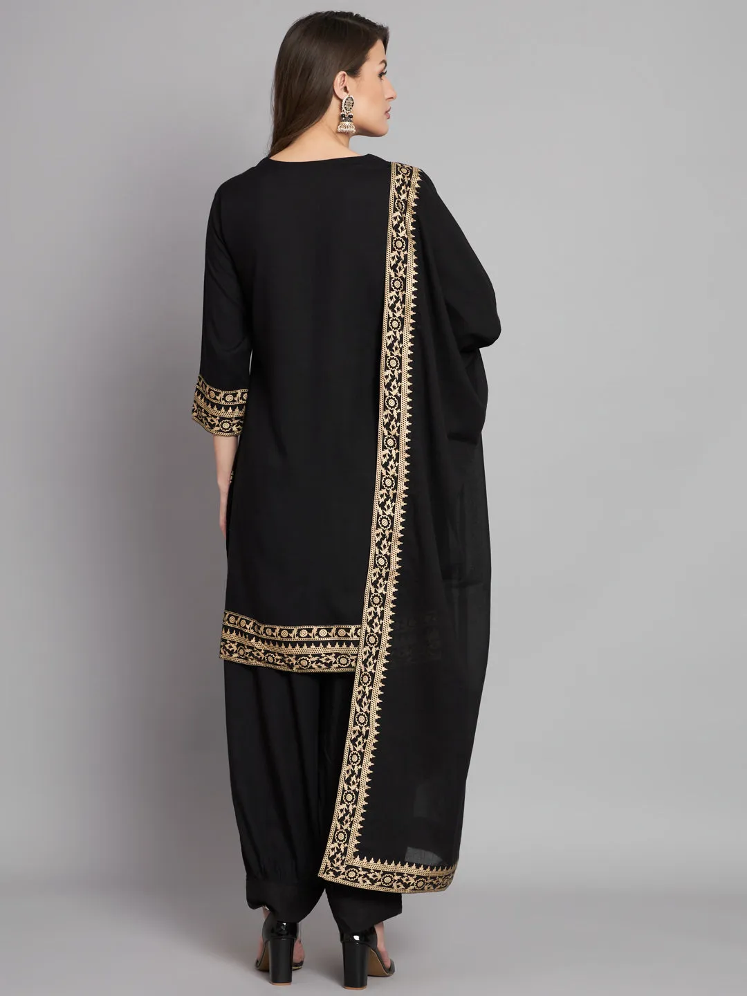 Women's Rayon Black Straight Kurta Afgani Salwar with Dupatta
