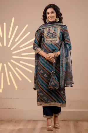 Women's Rayon Teal::Brown Kurta, Pant & Dupatta With Fancy Potli Set